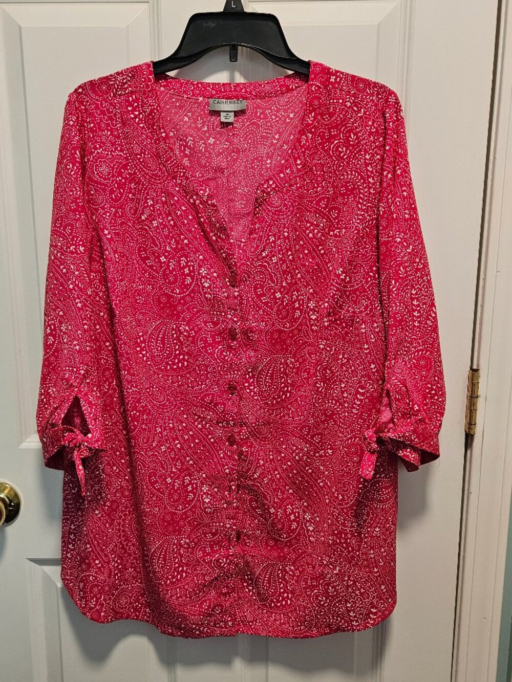 Catherines Plus Size 0X Pink Paisley Print Blouse Tie Sleeve 3/4 Sleeve Top